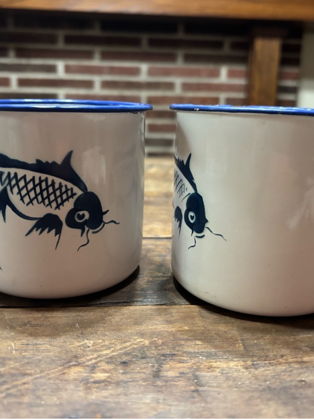 White Enamel Koi Fish Design Mug with Blue Trim